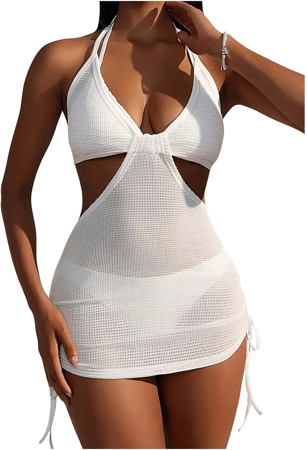 Milumia Women Halter Neck Cut Out V Neck Drawstring Backless Cover Up Beach Dress