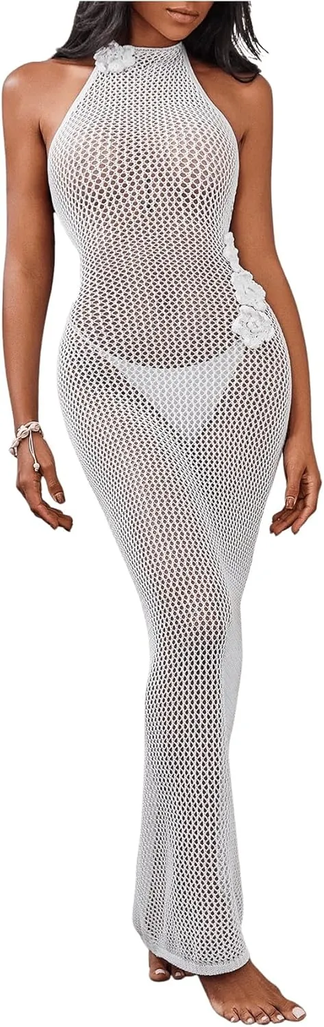 Milumia Women's 3D Floral Crochet Cover Up Dress Backless Knit Swimsuit Coverup Halter Beach Maxi Dress