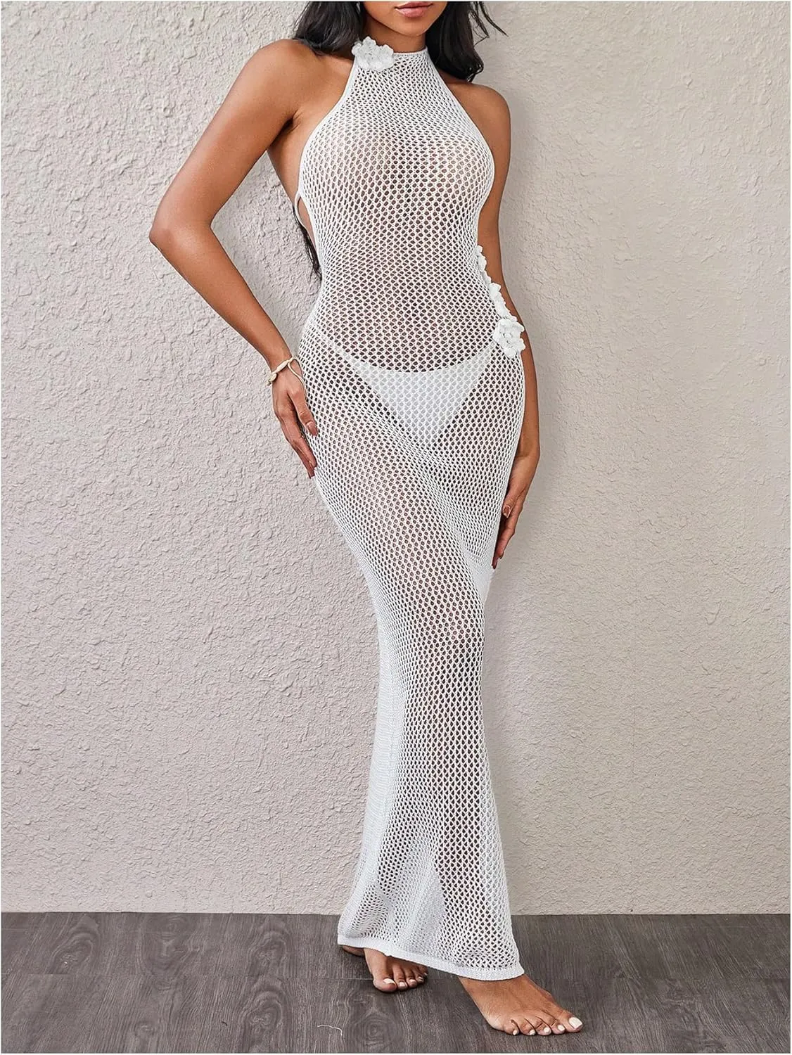 Milumia Women's 3D Floral Crochet Cover Up Dress Backless Knit Swimsuit Coverup Halter Beach Maxi Dress
