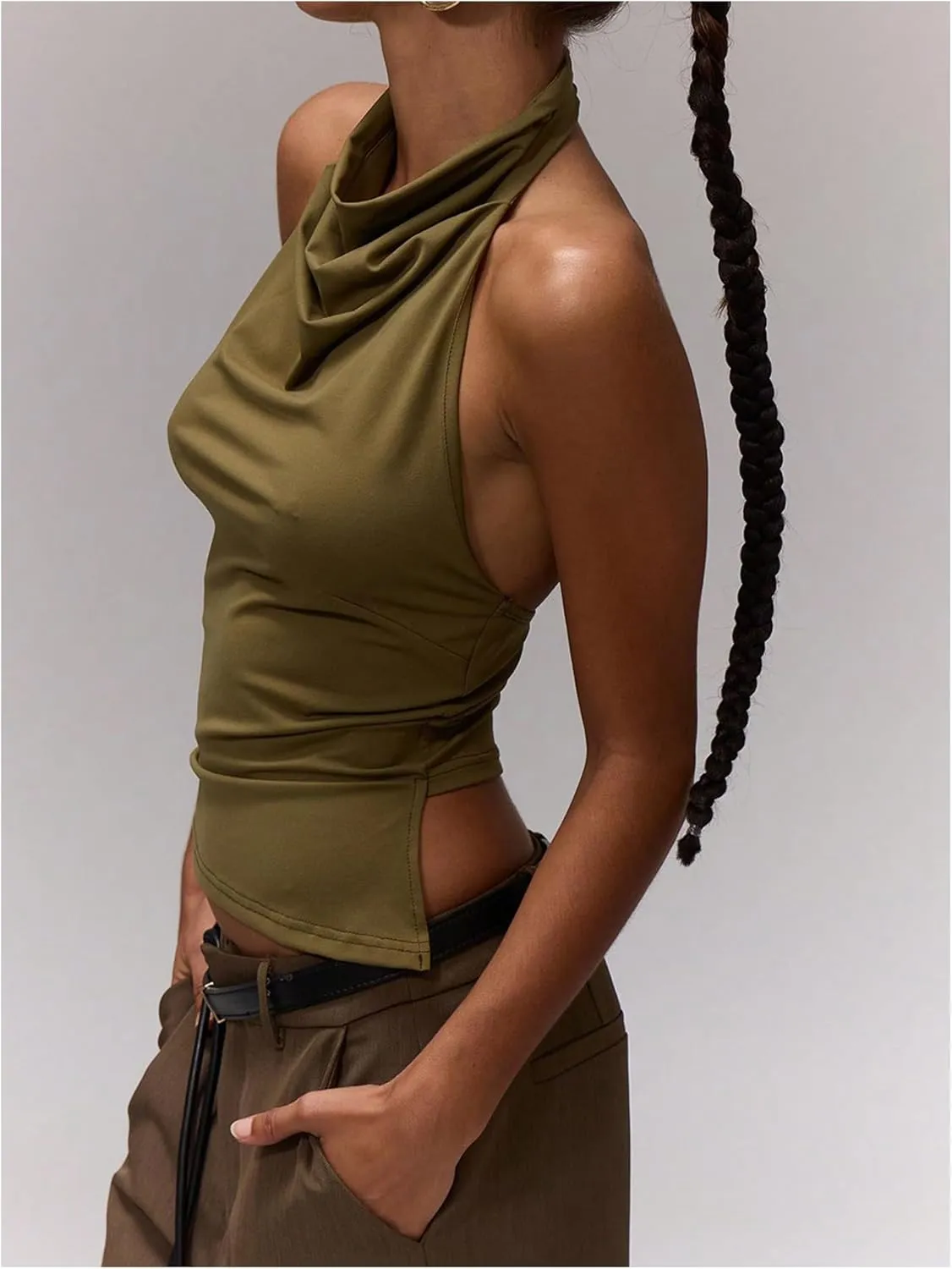 Milumia Women's Draped Halter Neck Backless Tank Top Sleeveless Asymmetrical Hem Crop Tops