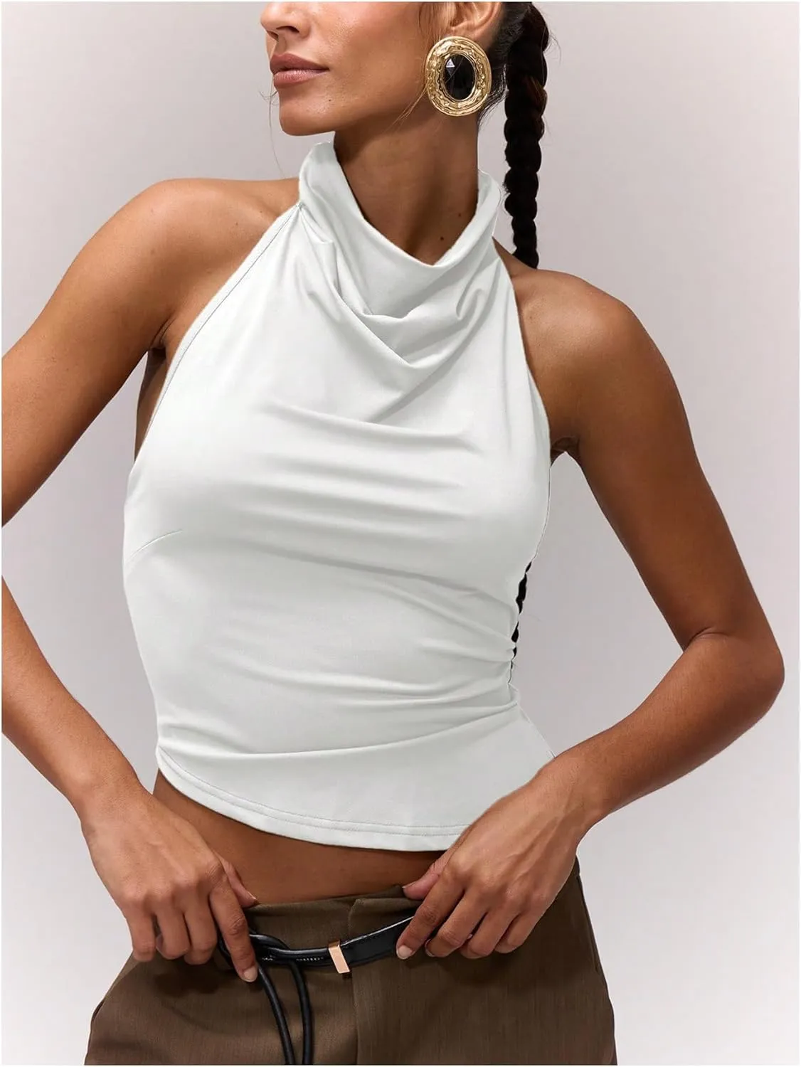 Milumia Women's Draped Halter Neck Backless Tank Top Sleeveless Asymmetrical Hem Crop Tops