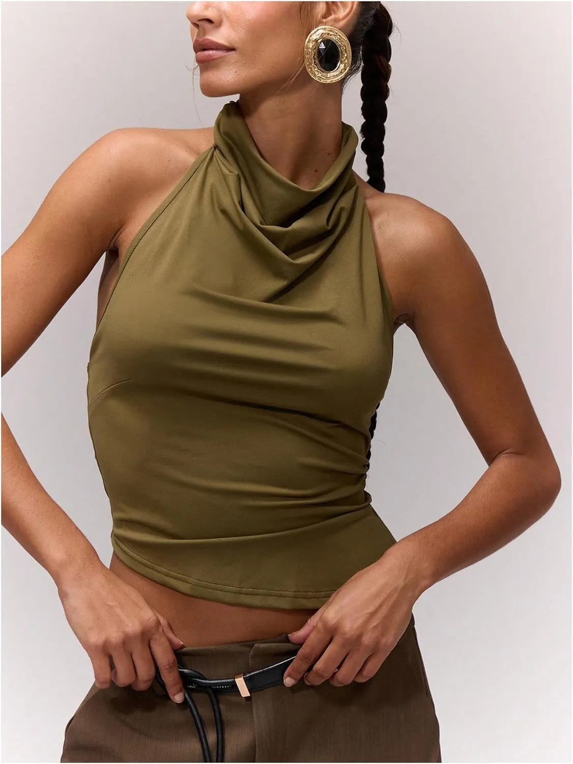 Milumia Women's Draped Halter Neck Backless Tank Top Sleeveless Asymmetrical Hem Crop Tops
