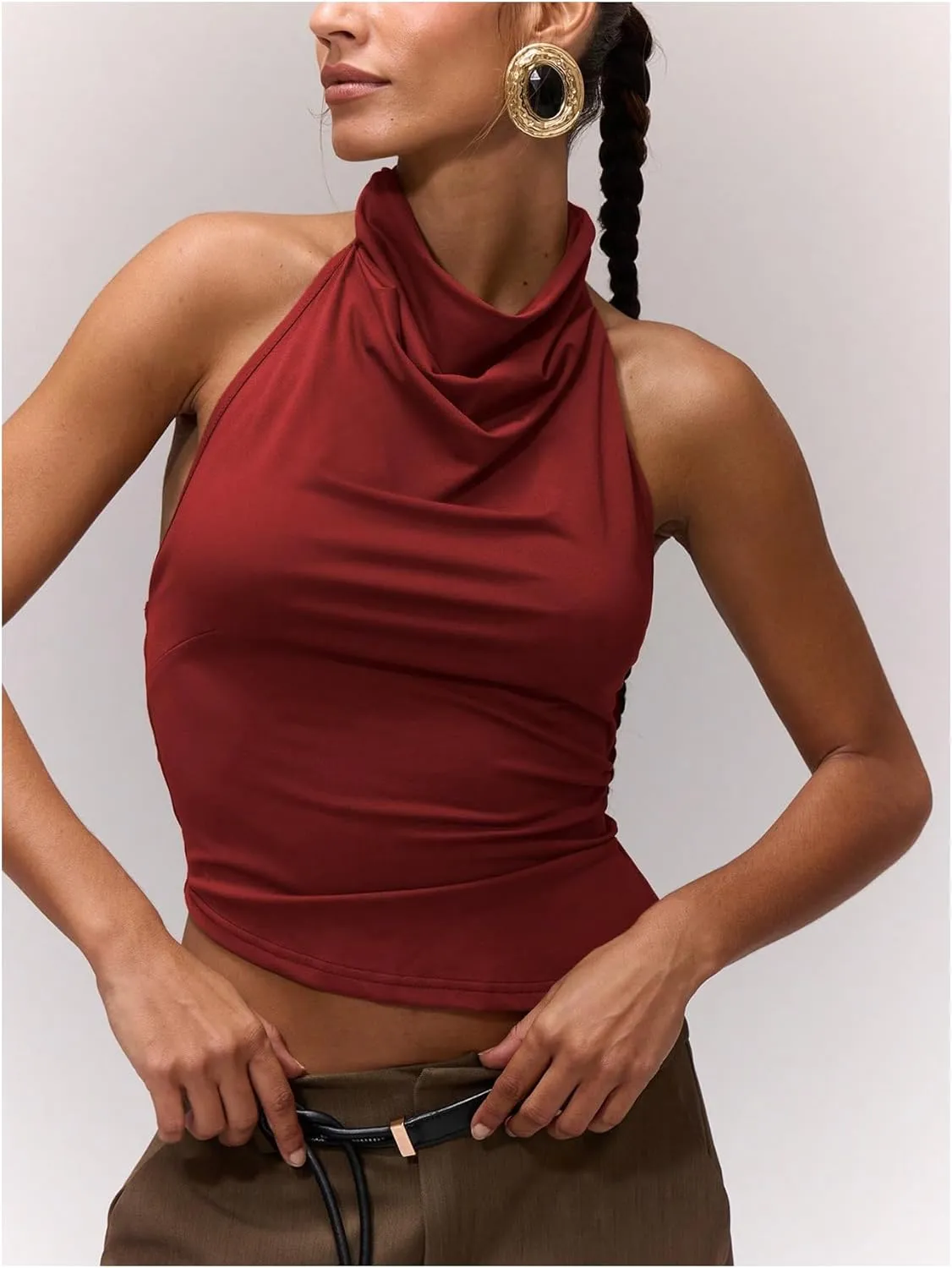 Milumia Women's Draped Halter Neck Backless Tank Top Sleeveless Asymmetrical Hem Crop Tops
