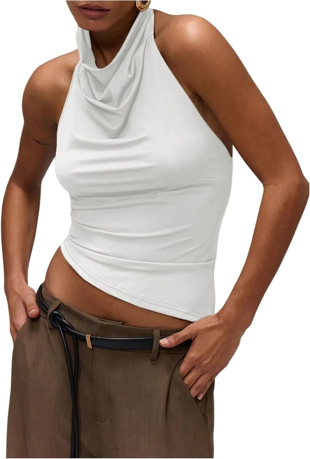 Milumia Women's Draped Halter Neck Backless Tank Top Sleeveless Asymmetrical Hem Crop Tops