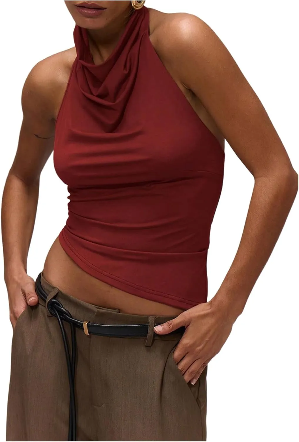 Milumia Women's Draped Halter Neck Backless Tank Top Sleeveless Asymmetrical Hem Crop Tops