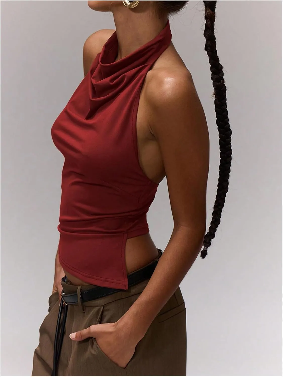 Milumia Women's Draped Halter Neck Backless Tank Top Sleeveless Asymmetrical Hem Crop Tops