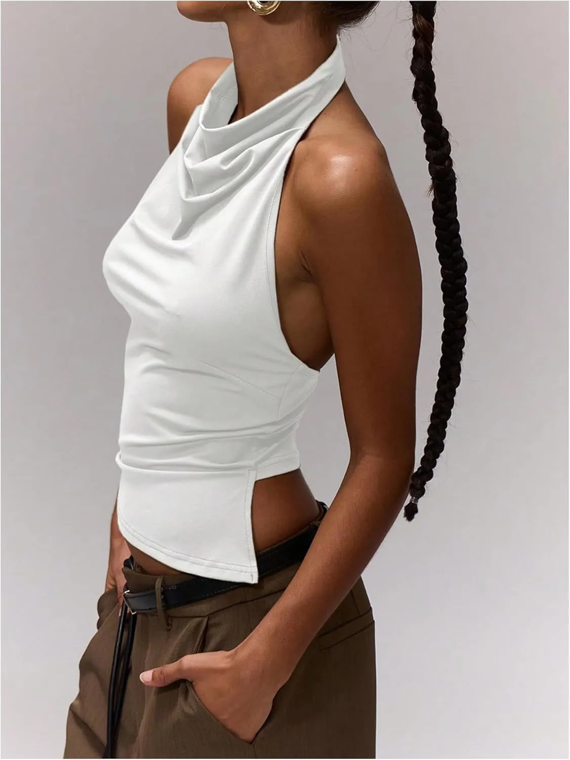 Milumia Women's Draped Halter Neck Backless Tank Top Sleeveless Asymmetrical Hem Crop Tops