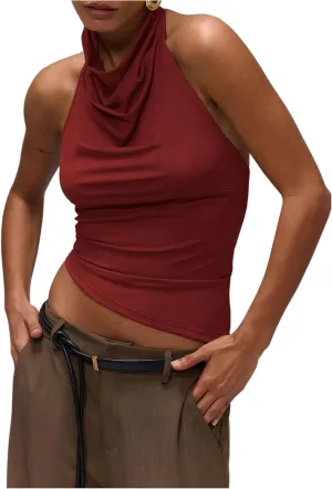Milumia Women's Draped Halter Neck Backless Tank Top Sleeveless Asymmetrical Hem Crop Tops