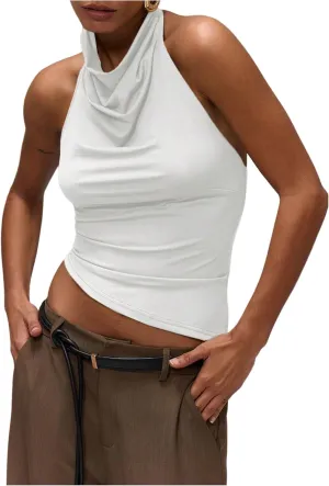 Milumia Women's Draped Halter Neck Backless Tank Top Sleeveless Asymmetrical Hem Crop Tops