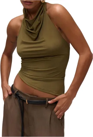 Milumia Women's Draped Halter Neck Backless Tank Top Sleeveless Asymmetrical Hem Crop Tops