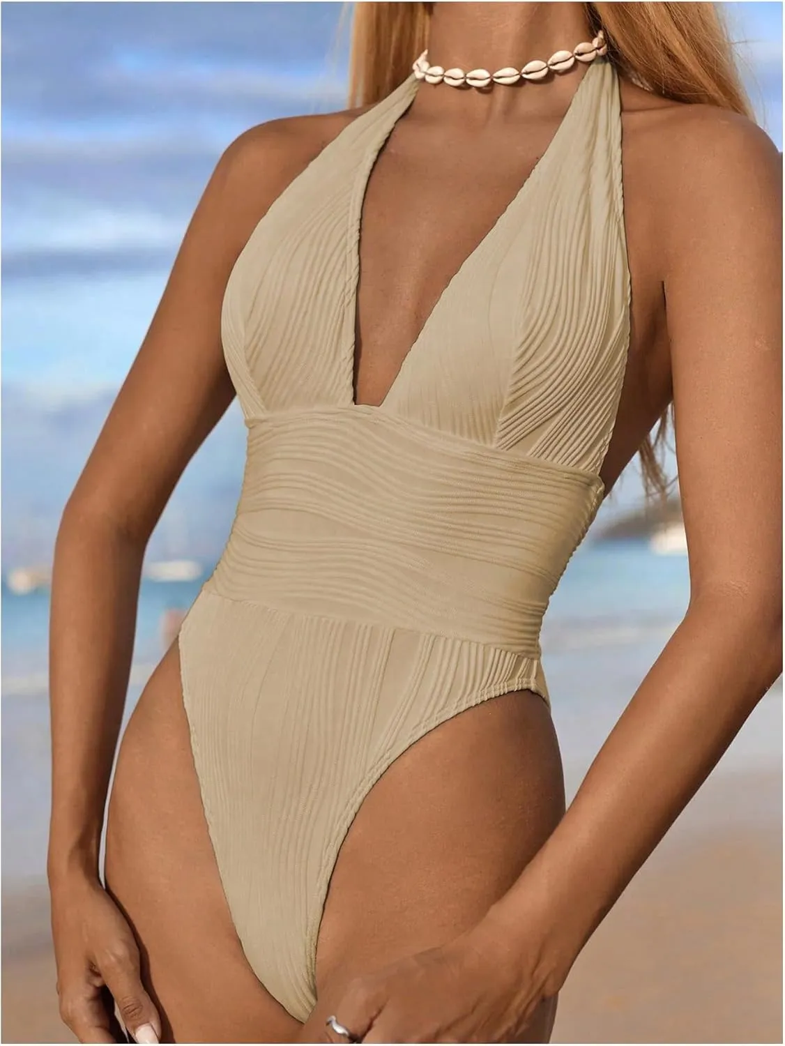 Milumia Women's Textured Halter Tie Backless Swimsuit Sexy Deep V Neck One Piece Bathing Suit