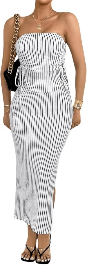 Milumia Women's Two Piece Outfits Striped Print Bandeau Tupe Top Midi Skirt Sets