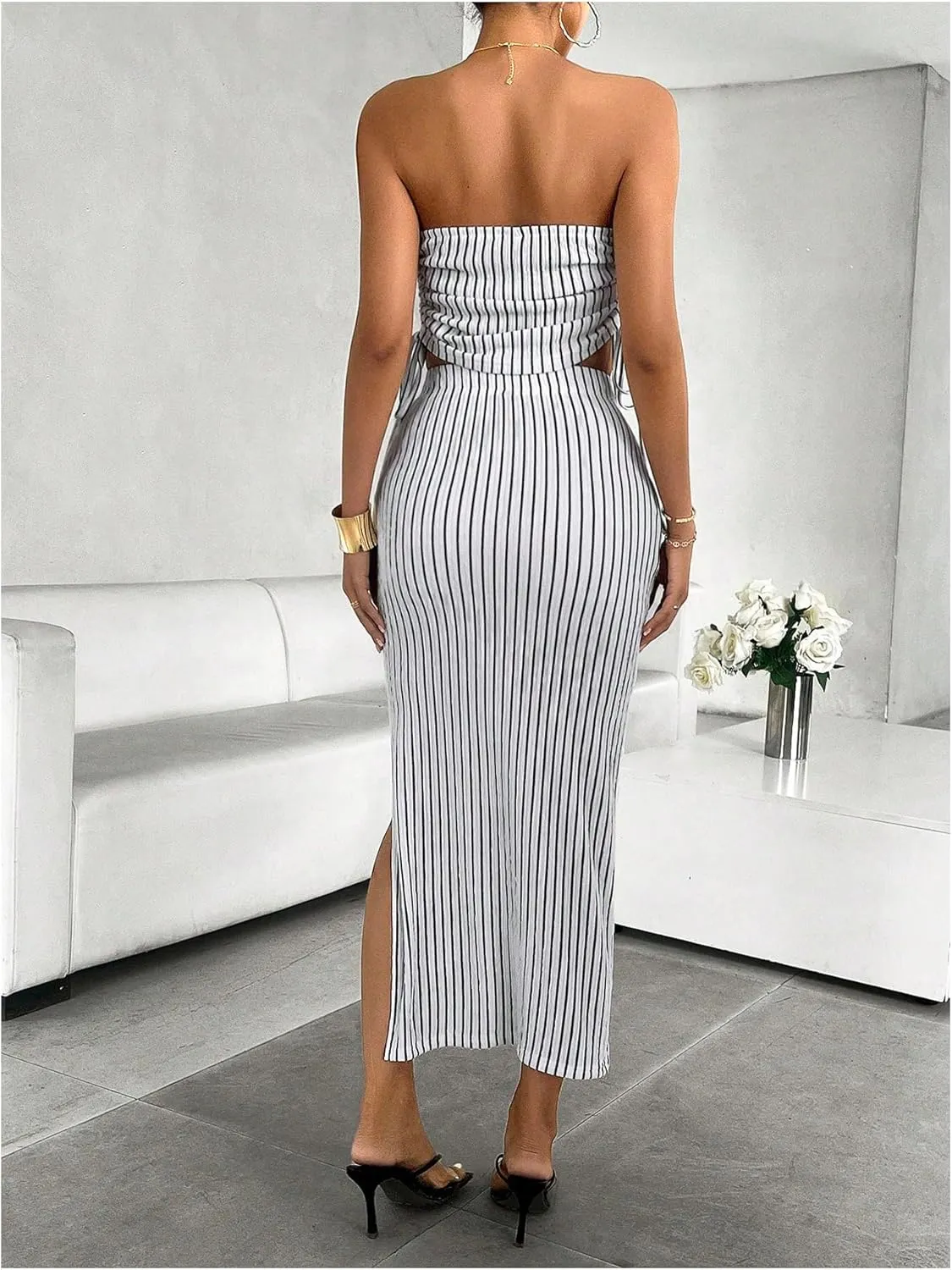 Milumia Women's Two Piece Outfits Striped Print Bandeau Tupe Top Midi Skirt Sets