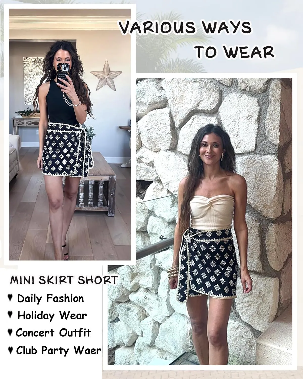 Mini Wrap Skirt Short for Women Flowy Bodycon Print Elastic Waist Fall Casual Beige Skort
