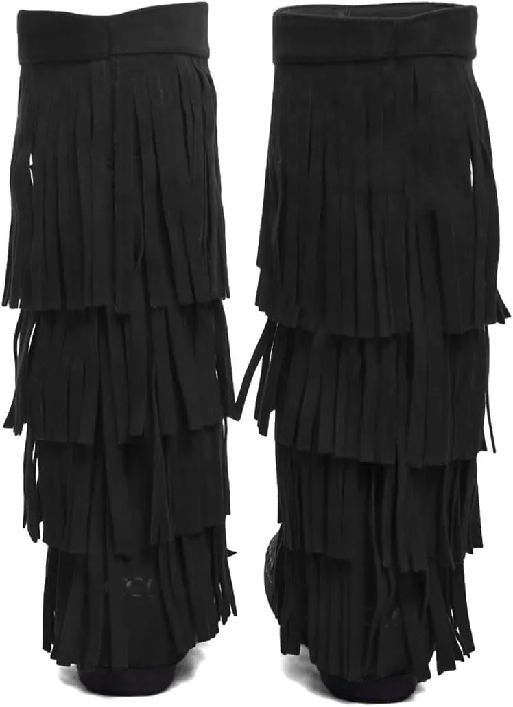 miss left Women Classic Layer Fringe Moccasin Boots Closed Round Toe Flat Knee High Boot with Tassels Pull On Retro Ballroom Dressy Shoes Size 4-16 US