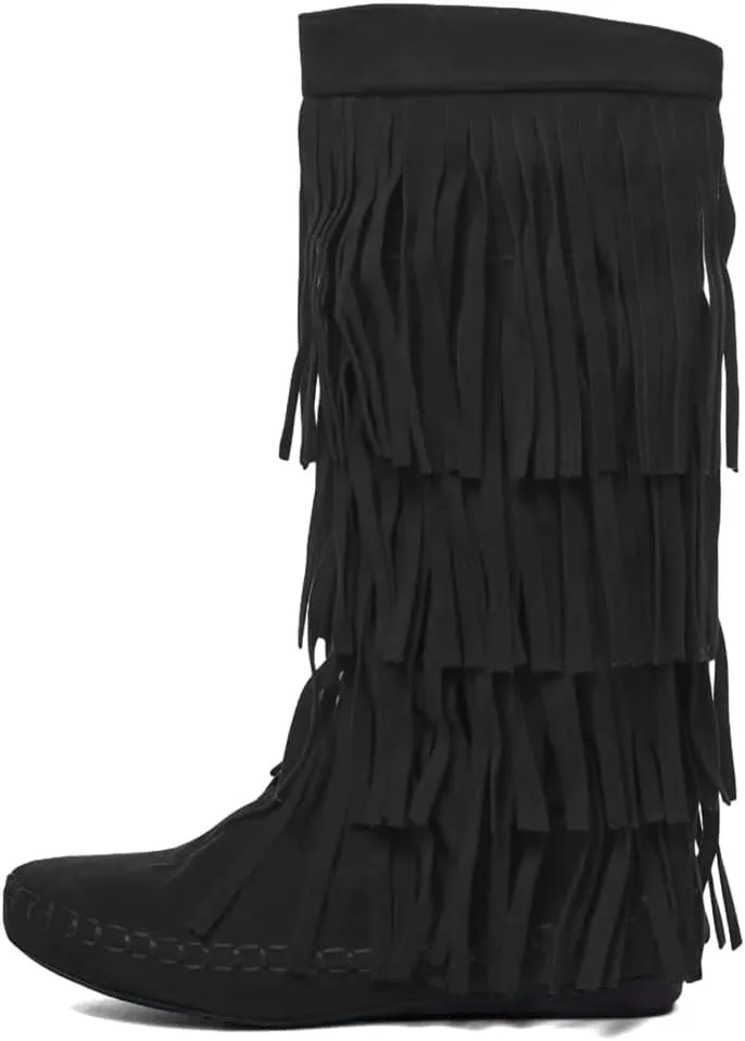 miss left Women Classic Layer Fringe Moccasin Boots Closed Round Toe Flat Knee High Boot with Tassels Pull On Retro Ballroom Dressy Shoes Size 4-16 US