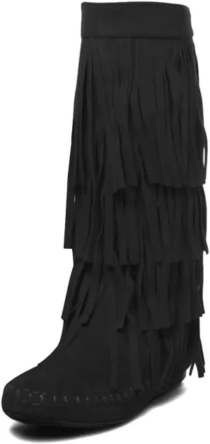 miss left Women Classic Layer Fringe Moccasin Boots Closed Round Toe Flat Knee High Boot with Tassels Pull On Retro Ballroom Dressy Shoes Size 4-16 US