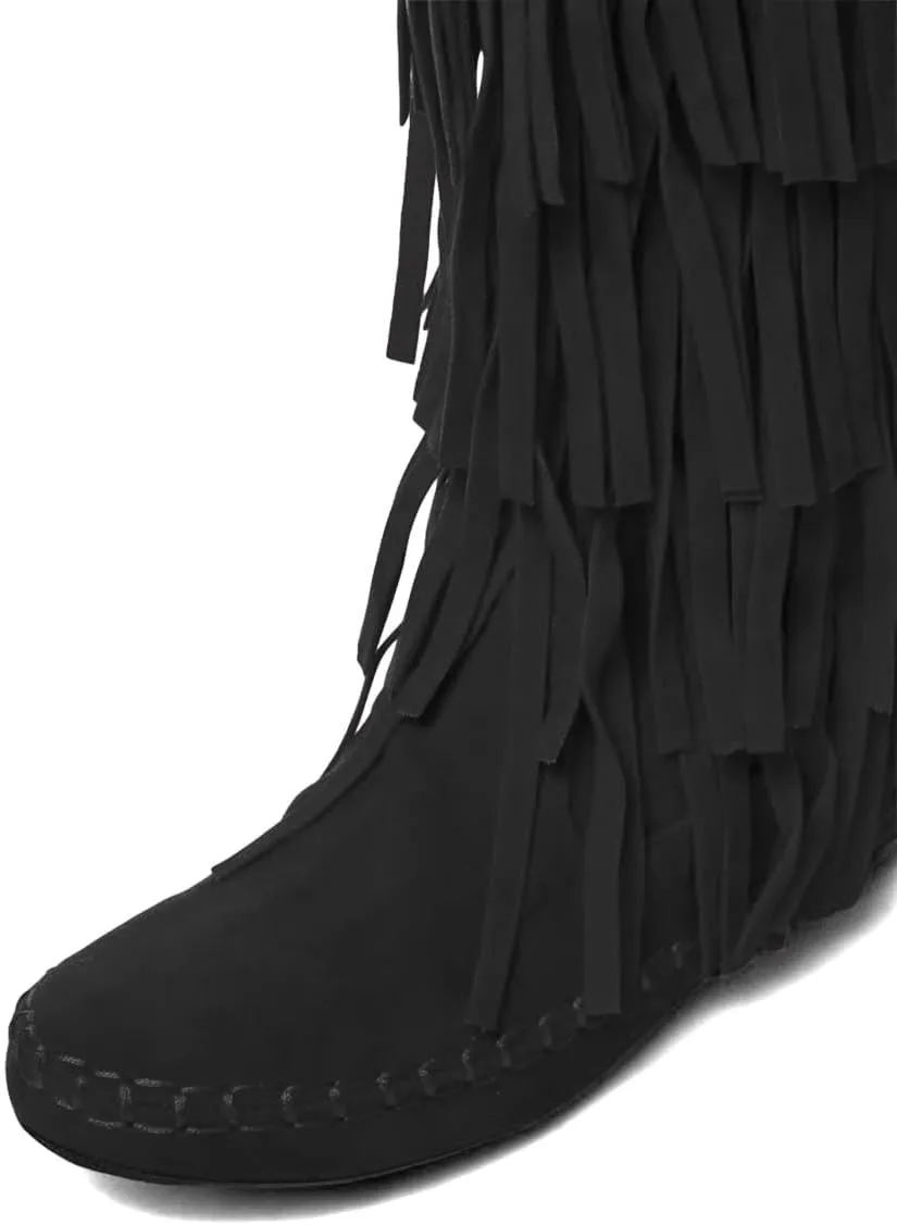 miss left Women Classic Layer Fringe Moccasin Boots Closed Round Toe Flat Knee High Boot with Tassels Pull On Retro Ballroom Dressy Shoes Size 4-16 US