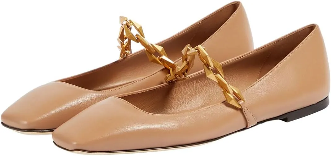 miss left Women Comfy Chain Strap Mary Janes Shoes Slip On Closed Square Toe Ballet Flats for Walking School Dressy Size 4-16 US