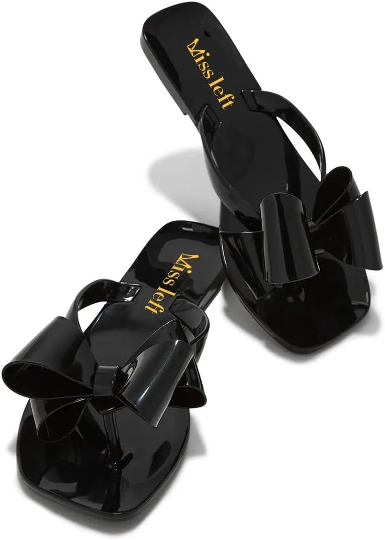 miss left Women Versatile Open Square Toe Flip Flops Double Bowknots Slip On Thong Sandal Flats Summer Prom Walking Shoes Size 4-16 US