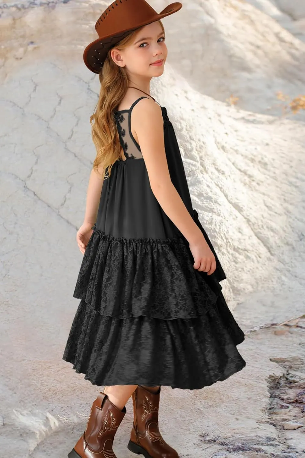 MITILLY Girls Boho Lace Backless Square Neck Sleeveless A Line Ruffle Tiered Flowy Long Party Dress