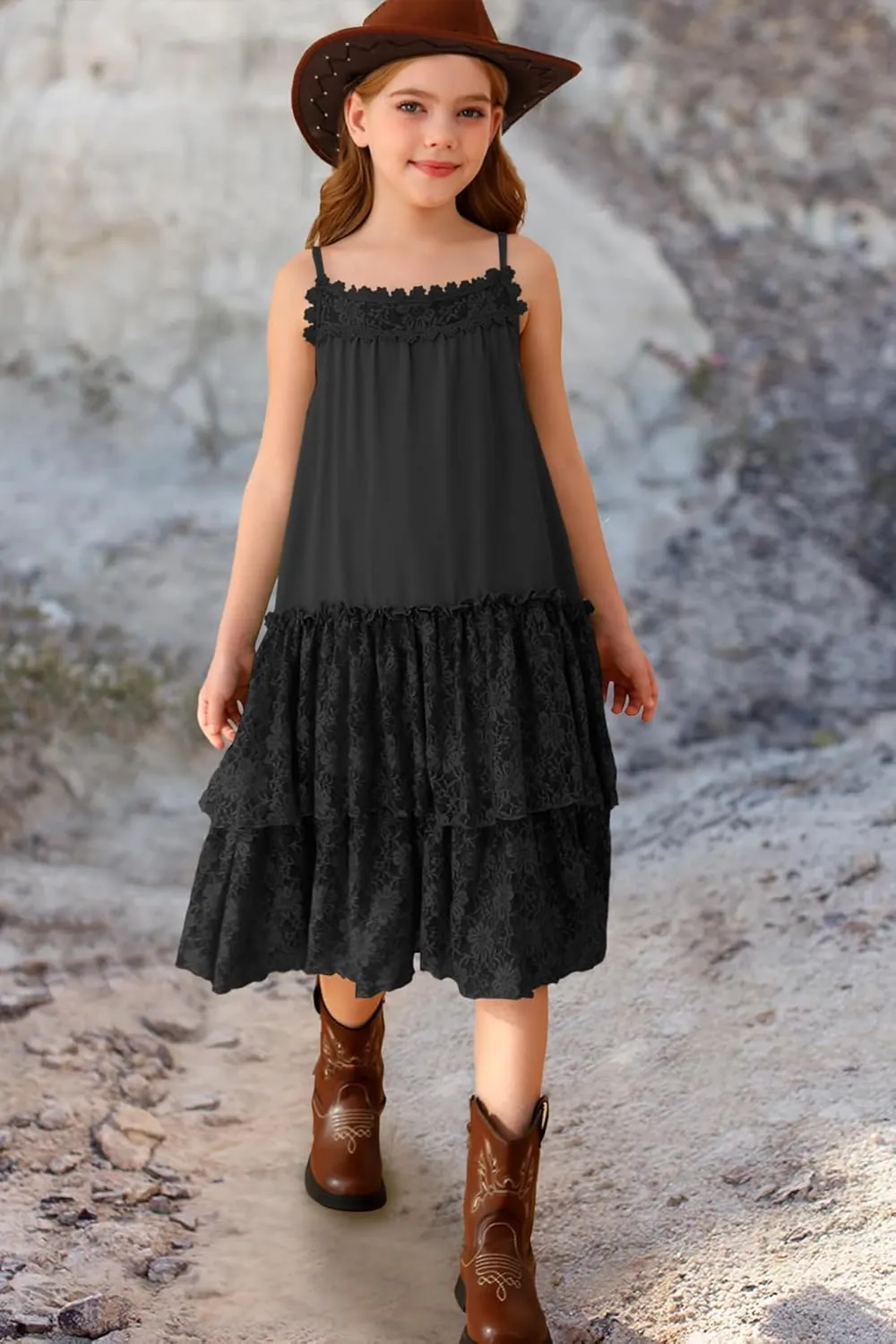MITILLY Girls Boho Lace Backless Square Neck Sleeveless A Line Ruffle Tiered Flowy Long Party Dress