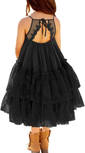 MITILLY Girls Boho Lace Backless Square Neck Sleeveless A Line Ruffle Tiered Flowy Long Party Dress