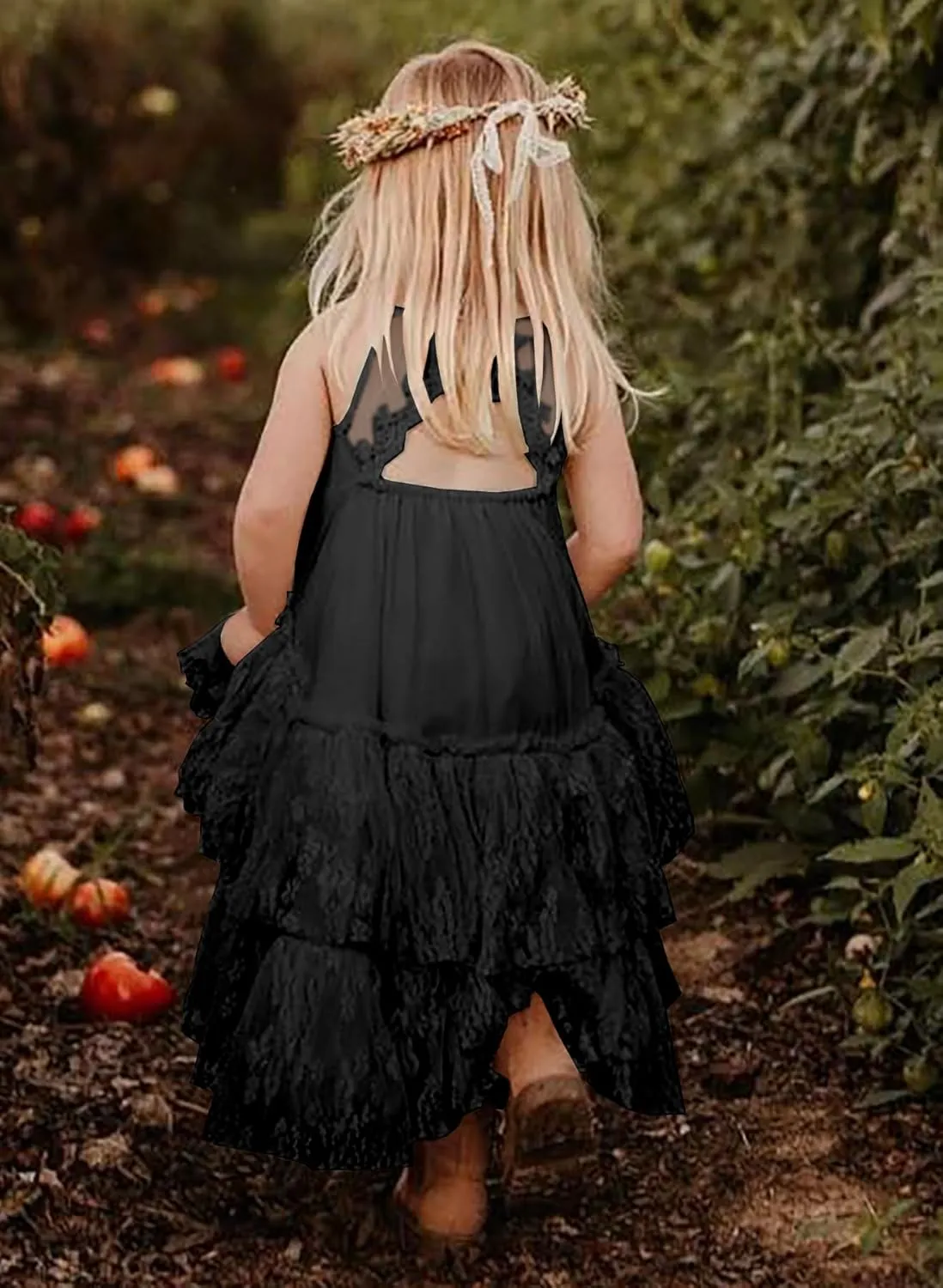 MITILLY Girls Boho Lace Backless Square Neck Sleeveless A Line Ruffle Tiered Flowy Long Party Dress
