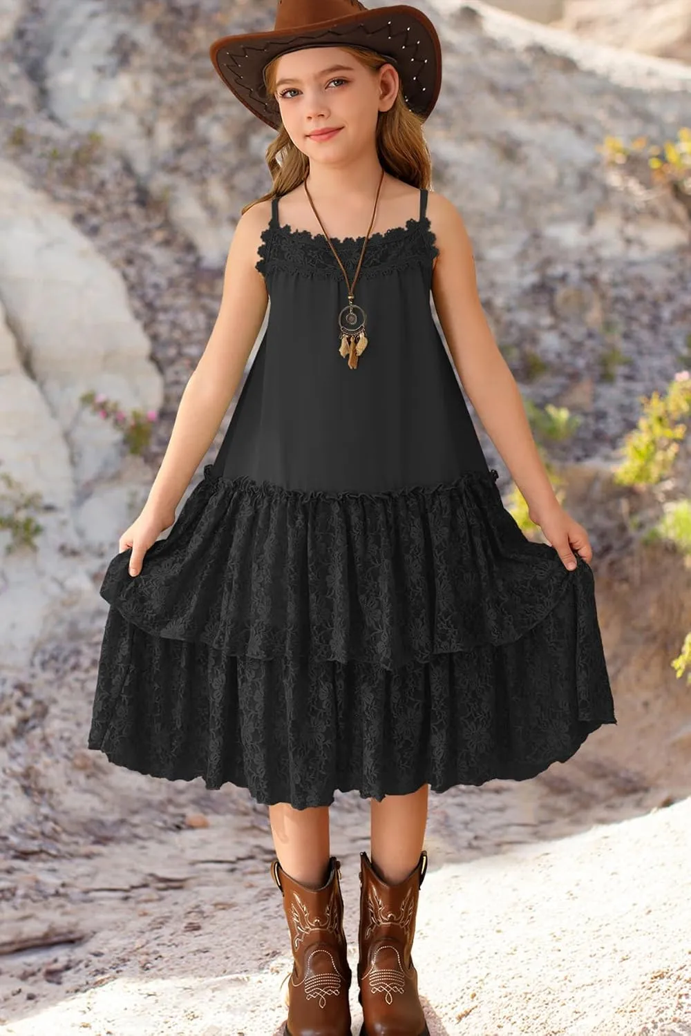 MITILLY Girls Boho Lace Backless Square Neck Sleeveless A Line Ruffle Tiered Flowy Long Party Dress