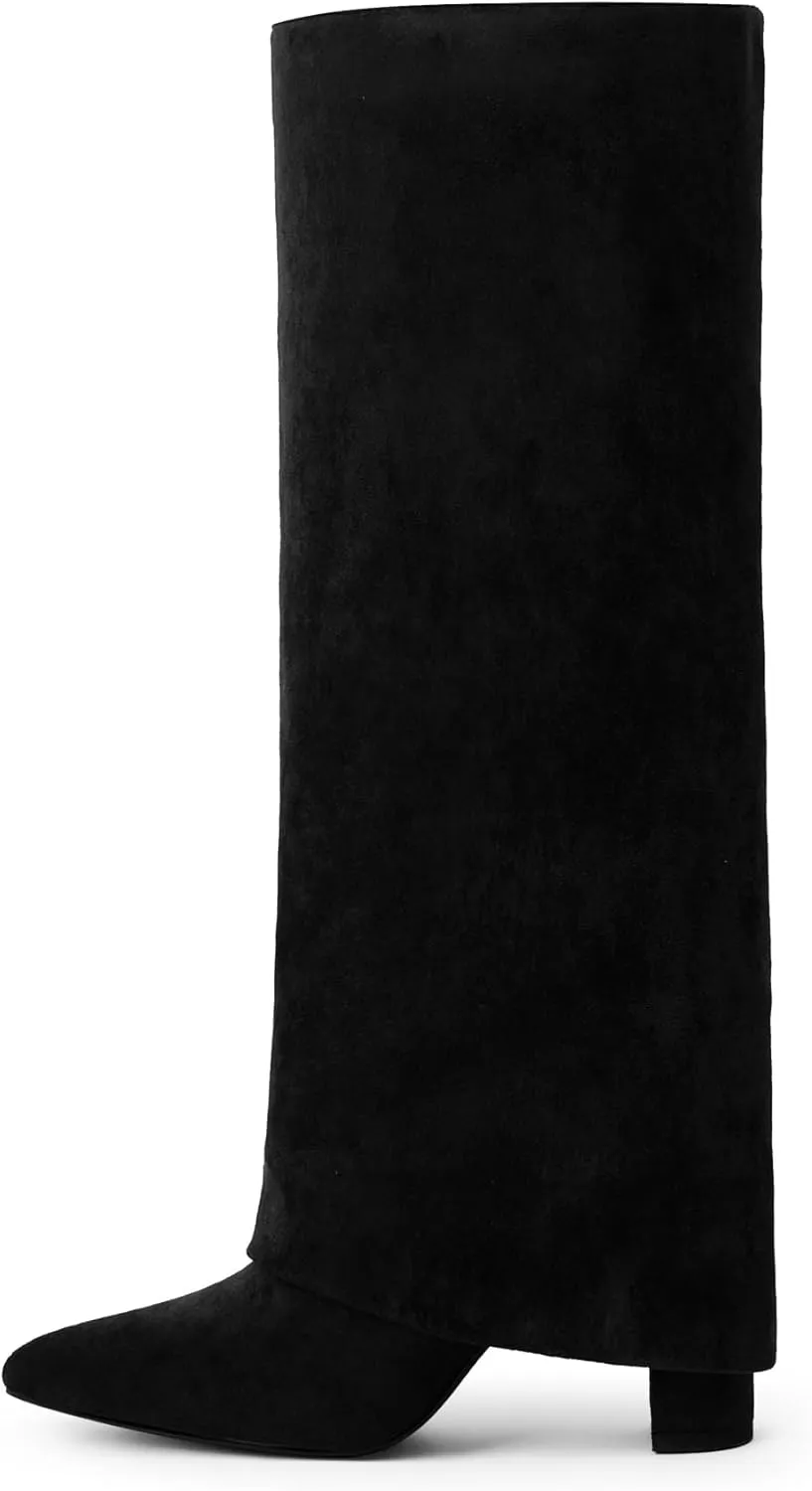 Modatope Knee High Boots Women Fold Over Knee High Boots Chunky High Heels Long Boots Zipper Pointed Toe Dress Tall Boots for Women