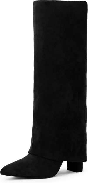 Modatope Knee High Boots Women Fold Over Knee High Boots Chunky High Heels Long Boots Zipper Pointed Toe Dress Tall Boots for Women