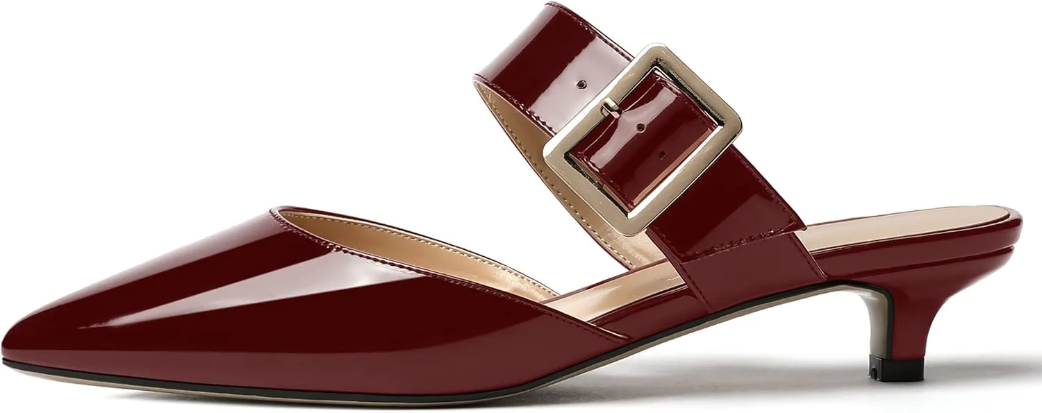 MODENCOCO Women's Patent Buckle Instep Strap Solid Pointed Toe Kitten Low Heel Slides Sandals 1.5 Inch