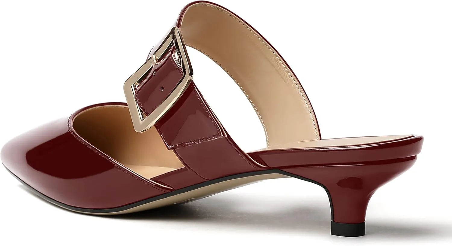 MODENCOCO Women's Patent Buckle Instep Strap Solid Pointed Toe Kitten Low Heel Slides Sandals 1.5 Inch