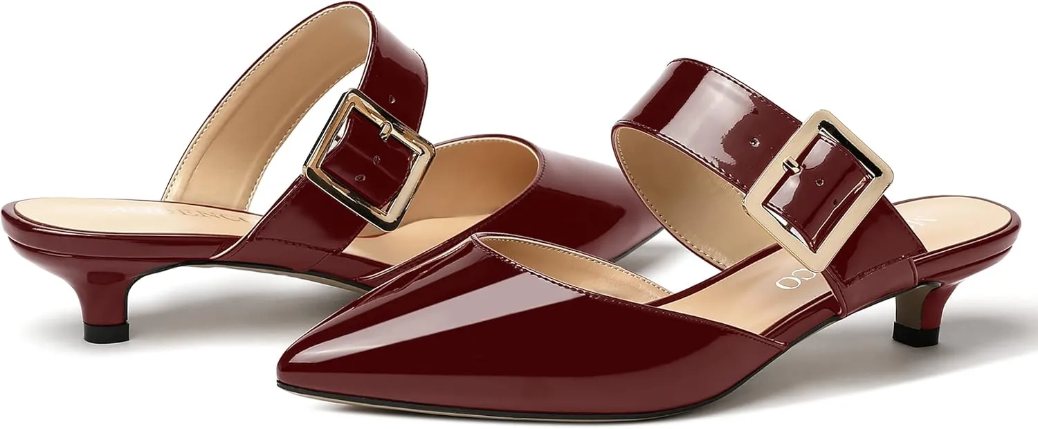 MODENCOCO Women's Patent Buckle Instep Strap Solid Pointed Toe Kitten Low Heel Slides Sandals 1.5 Inch