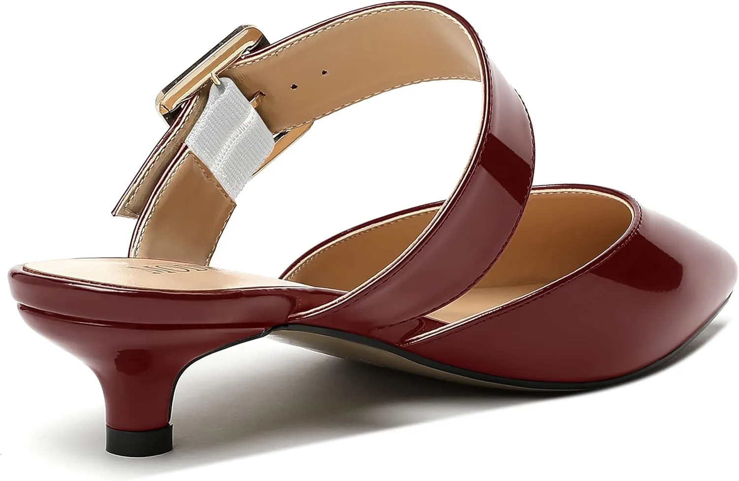 MODENCOCO Women's Patent Buckle Instep Strap Solid Pointed Toe Kitten Low Heel Slides Sandals 1.5 Inch
