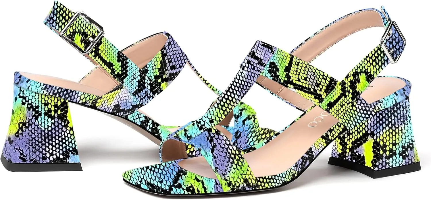 MODENCOCO Women's Strap Buckle Patent Slingback Dating Fashion Square Toe Chunky Low Heel Heeled Sandals 2 Inch