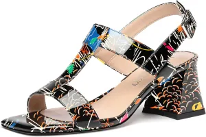 MODENCOCO Women's Strap Buckle Patent Slingback Dating Fashion Square Toe Chunky Low Heel Heeled Sandals 2 Inch
