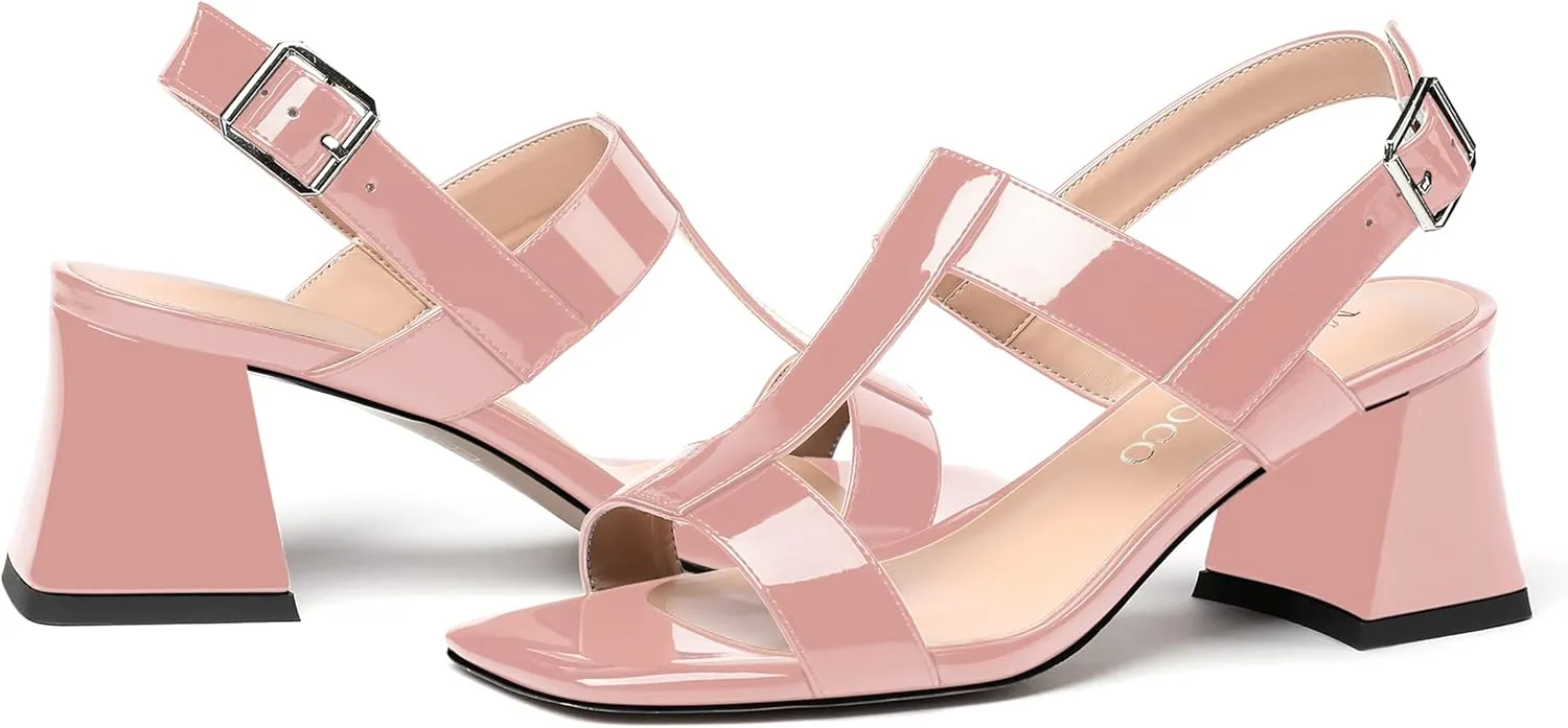 MODENCOCO Women's Strap Buckle Patent Slingback Dating Fashion Square Toe Chunky Low Heel Heeled Sandals 2 Inch