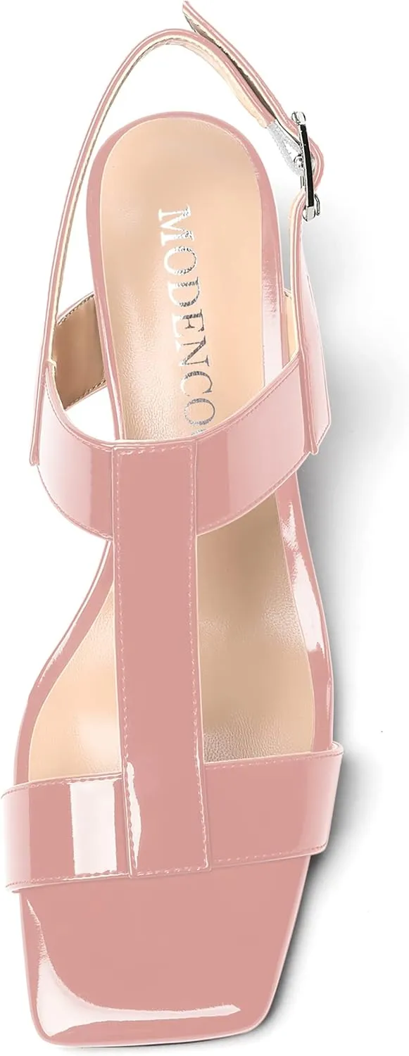 MODENCOCO Women's Strap Buckle Patent Slingback Dating Fashion Square Toe Chunky Low Heel Heeled Sandals 2 Inch