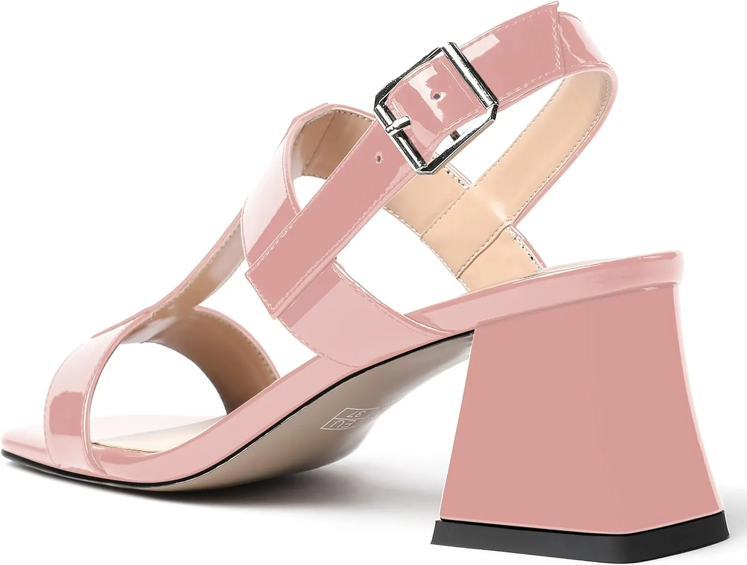MODENCOCO Women's Strap Buckle Patent Slingback Dating Fashion Square Toe Chunky Low Heel Heeled Sandals 2 Inch