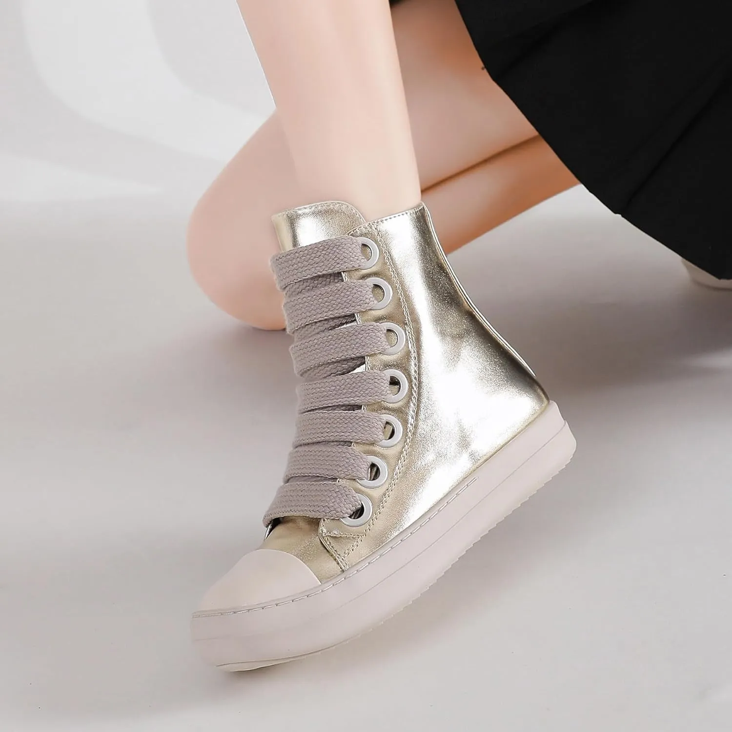 MOFEEDOUKA Womens High Top Sneakers Thick Shoe Laces PU Leather Comfort Platform Walking Shoes with Zipper