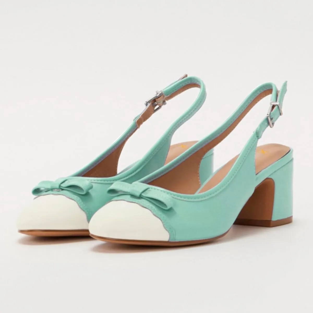 MOOMMO Women Chunky Block Heel Slingback Pumps Bow Two-Toned Cap Toe Dress Shoes Backless Ankle Buckle Strap Round Closed Toe Sandals 2 Inch Mid Thick Heels Patchwork Party Office Elegant 4-11 M US