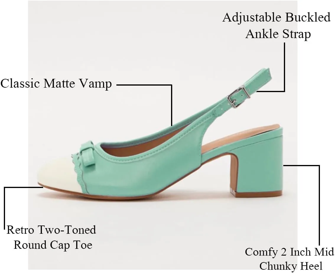 MOOMMO Women Chunky Block Heel Slingback Pumps Bow Two-Toned Cap Toe Dress Shoes Backless Ankle Buckle Strap Round Closed Toe Sandals 2 Inch Mid Thick Heels Patchwork Party Office Elegant 4-11 M US
