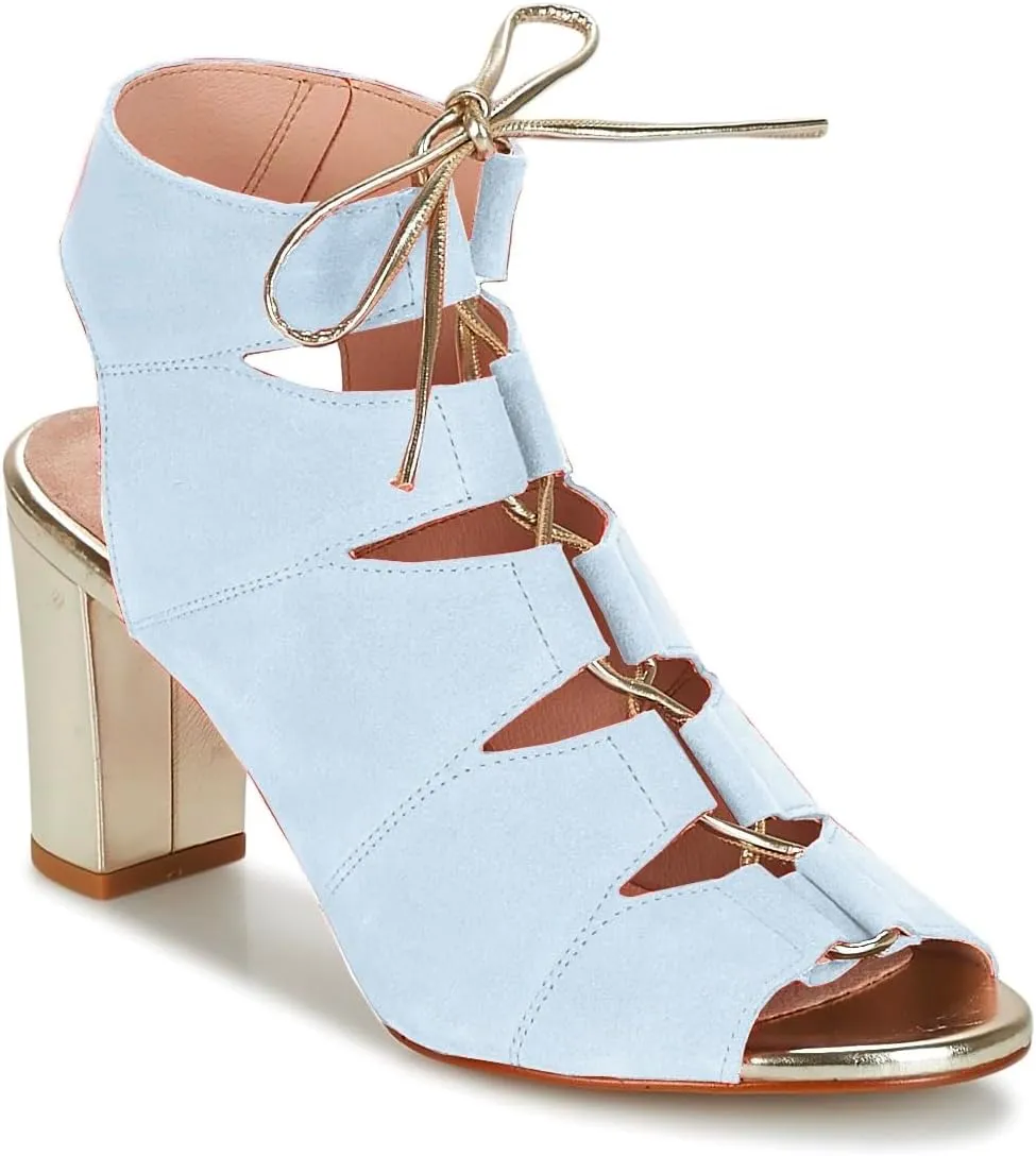 MOOMMO Women Chunky High Heel Sandal Booties Open Peep Toe Suede Ankle Boots Lace Up Metal Heels Caged Sandals Backless Cutout Summer Bootie Two-Tone Dressy Party Office ladies Dance Ball 4-11 M US