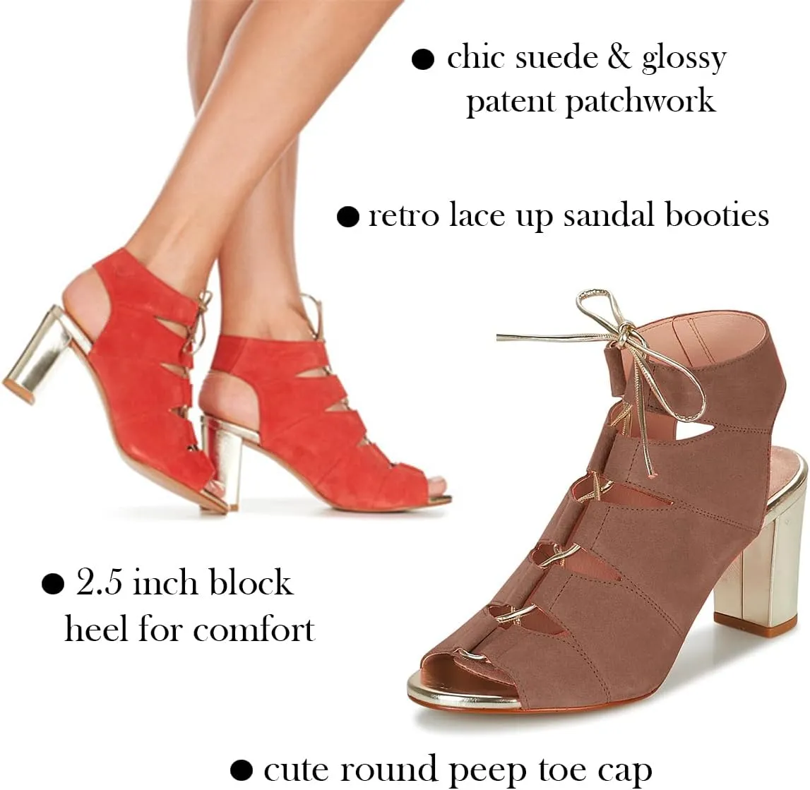 MOOMMO Women Chunky High Heel Sandal Booties Open Peep Toe Suede Ankle Boots Lace Up Metal Heels Caged Sandals Backless Cutout Summer Bootie Two-Tone Dressy Party Office ladies Dance Ball 4-11 M US