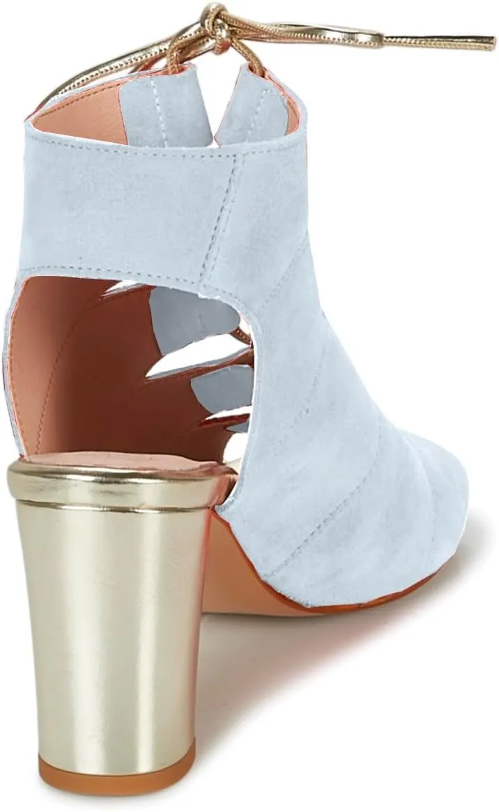 MOOMMO Women Chunky High Heel Sandal Booties Open Peep Toe Suede Ankle Boots Lace Up Metal Heels Caged Sandals Backless Cutout Summer Bootie Two-Tone Dressy Party Office ladies Dance Ball 4-11 M US