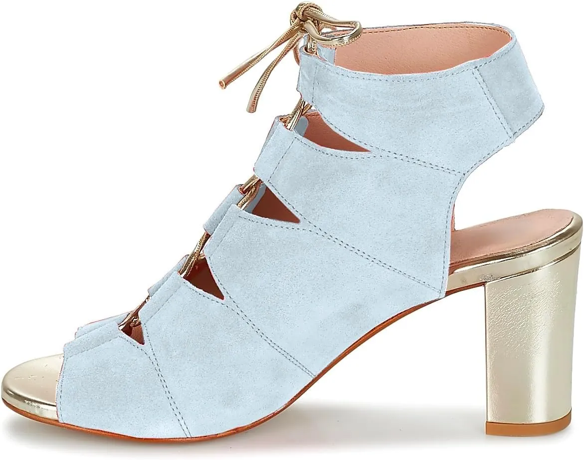 MOOMMO Women Chunky High Heel Sandal Booties Open Peep Toe Suede Ankle Boots Lace Up Metal Heels Caged Sandals Backless Cutout Summer Bootie Two-Tone Dressy Party Office ladies Dance Ball 4-11 M US