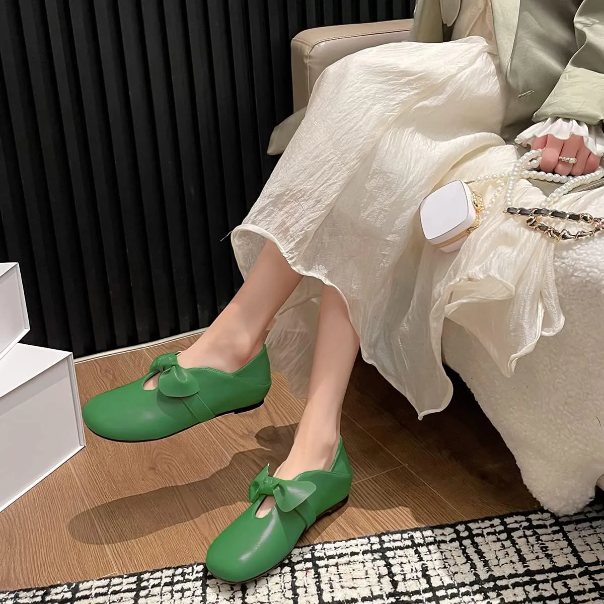 MOOMMO Women Comfortable Bow Flat Loafers Square Closed Toe Slip On Penny Loafers Cutout Flat Heel Dress Loafer Flats Bowknot Office Ladies Girls Casual Club Church Driving Flats Cute Summer 4-13 M US
