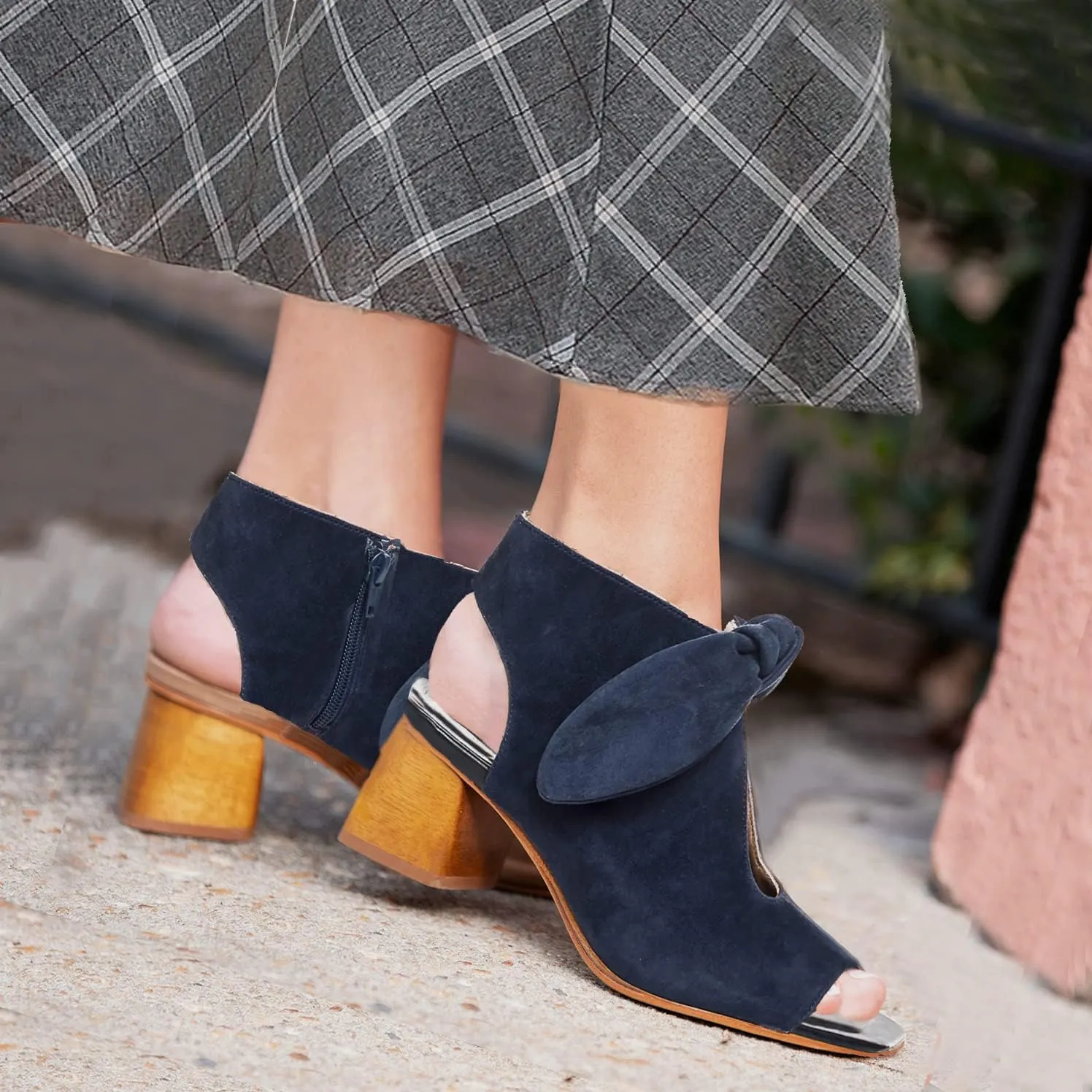MOOMMO Women Heeled Sandals with Bow Open Toe Low Chunky Block Heel Sandal Booties Cutout 2" Heels Backless Slingback Dress Shoes Peep Toe Back Zipper Suede Sandal Dressy Summer Beach Casual 4-13 M US