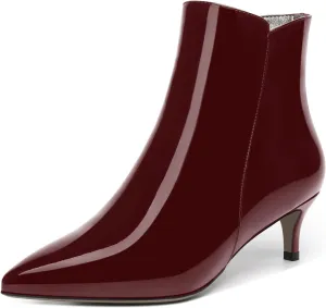 MOVINSTEPS Womens Zip Pointed Toe Solid Cold Weather Patent Work Kitten Low Heel Ankle High Boots 2 Inch